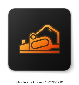 Orange glowing neon Electric planer tool icon isolated on white background. Black square button. Vector Illustration