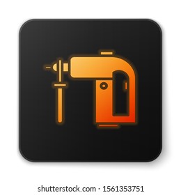 Orange glowing neon Electric rotary hammer drill machine icon isolated on white background. Working tool for construction, finishing, repair work. Black square button. Vector Illustration