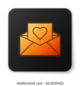 Orange glowing neon Envelope with Valentine heart icon isolated on white background. Message love. Letter love and romance. Black square button. Vector Illustration