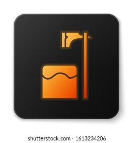 Orange glowing neon Executioner axe in tree block icon isolated on white background. Hangman, torturer, executor, tormentor, butcher, headsman. Black square button. Vector Illustration