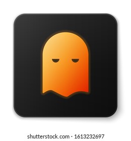 Orange glowing neon Executioner mask icon isolated on white background. Hangman, torturer, executor, tormentor, butcher, headsman icon. Black square button. Vector Illustration