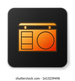 Orange glowing neon Eye shadow palette with brush icon isolated on white background. Black square button. Vector Illustration