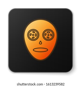 Orange glowing neon Facial cosmetic mask icon isolated on white background. Cosmetology, medicine and health care. Black square button. Vector Illustration
