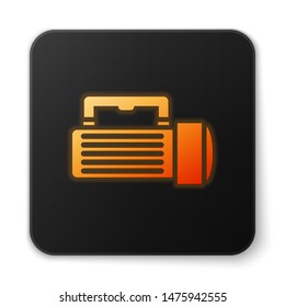 Orange glowing neon Flashlight icon isolated on white background. Tourist flashlight handle. Black square button. Vector Illustration