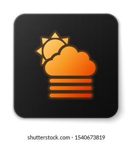 Orange glowing neon Fog and cloud with sun icon isolated on white background. Black square button. Vector Illustration