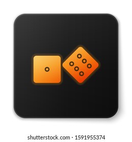 Orange glowing neon Game dice icon isolated on white background. Casino gambling. Black square button. Vector Illustration
