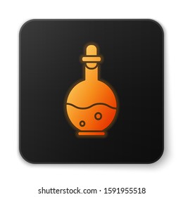 Orange glowing neon Glass bottle with magic elixir icon isolated on white background. Computer game asset. Black square button. Vector Illustration