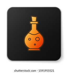 Orange glowing neon Glass bottle with magic elixir icon isolated on white background. Computer game asset. Black square button. Vector Illustration
