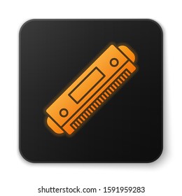 Orange glowing neon Harmonica icon isolated on white background. Musical instrument. Black square button. Vector Illustration