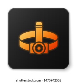 Orange glowing neon Head flashlight icon isolated on white background. Tourist head flashlight. Camping head light. Black square button. Vector Illustration