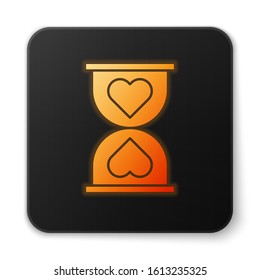 Orange glowing neon Heart in the center old hourglass icon isolated on white background. Valentines day. Black square button. Vector Illustration