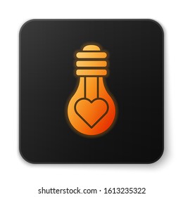 Orange glowing neon Heart shape in a light bulb icon isolated on white background. Love symbol. Valentine day symbol. Black square button. Vector Illustration