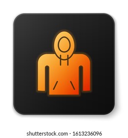 Orange glowing neon Hoodie icon isolated on white background. Hooded sweatshirt. Black square button. Vector Illustration