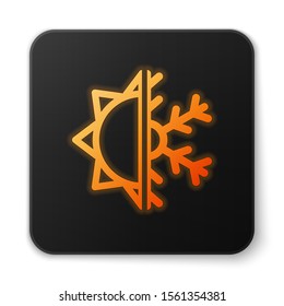 Orange glowing neon Hot and cold symbol. Sun and snowflake icon isolated on white background. Winter and summer symbol. Black square button. Vector Illustration