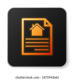 Orange glowing neon House contract icon isolated on white background. Contract creation service, document formation, application form composition. Black square button. Vector Illustration
