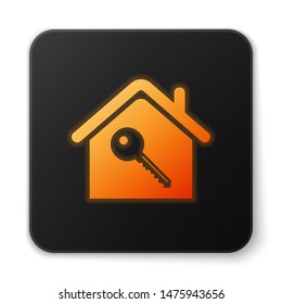 Orange glowing neon House with key icon isolated on white background. The concept of the house turnkey. Black square button. Vector Illustration