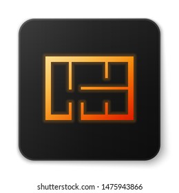 Orange glowing neon House plan icon isolated on white background. Black square button. Vector Illustration