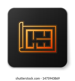 Orange glowing neon House plan icon isolated on white background. Black square button. Vector Illustration