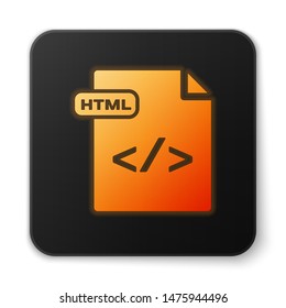 Orange glowing neon HTML file document. Download html button icon isolated on white background. HTML file symbol. Markup language symbol. Black square button. Vector Illustration