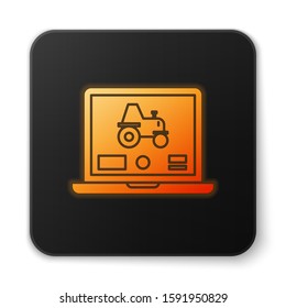 Orange glowing neon Laptop application for control a autonomous tractor on a smart farm icon isolated on white background. Smart agriculture implement. Black square button. Vector Illustration