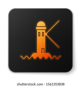 Orange glowing neon Lighthouse icon isolated on white background. Black square button. Vector Illustration