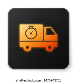 Orange glowing neon Logistics delivery truck and stopwatch icon isolated on white background. Delivery time icon. Black square button. Vector Illustration