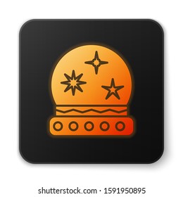 Orange glowing neon Magic ball icon isolated on white background. Crystal ball. Black square button. Vector Illustration