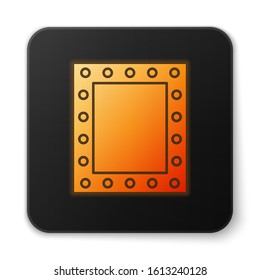 Orange glowing neon Makeup mirror with lights icon isolated on white background. Black square button. Vector Illustration