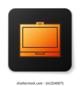 Orange glowing neon Makeup powder with mirror icon isolated on white background. Black square button. Vector Illustration