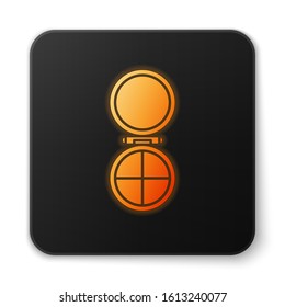 Orange glowing neon Makeup powder with mirror icon isolated on white background. Black square button. Vector Illustration