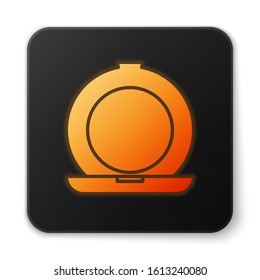 Orange glowing neon Makeup powder with mirror icon isolated on white background. Black square button. Vector Illustration