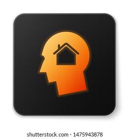 Orange glowing neon Man dreaming about buying a new house icon isolated on white background. Black square button. Vector Illustration