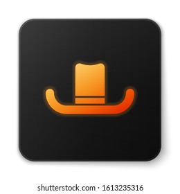 Orange glowing neon Man hat with ribbon icon isolated on white background. Black square button. Vector Illustration