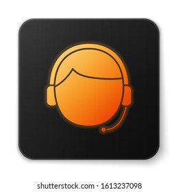 Orange glowing neon Man with a headset icon isolated on white background. Support operator in touch. Concept for call center, client support service. Black square button. Vector Illustration