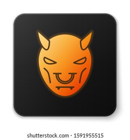 Orange glowing neon Mask of the devil with horns icon isolated on white background. Black square button. Vector Illustration