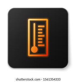 Orange glowing neon Meteorology thermometer measuring heat and cold icon isolated on white background. Thermometer equipment showing hot or cold weather. Black square button. Vector Illustration