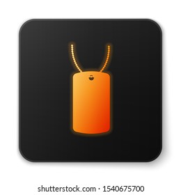 Orange glowing neon Military dog tag icon isolated on white background. Identity tag icon. Army sign. Black square button. Vector Illustration