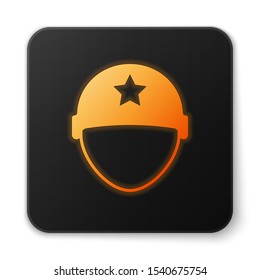 Orange glowing neon Military helmet icon isolated on white background. Army hat symbol of defense and protect. Protective hat. Black square button. Vector Illustration