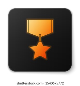 Orange glowing neon Military reward medal icon isolated on white background. Army sign. Black square button. Vector Illustration