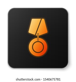 Orange glowing neon Military reward medal icon isolated on white background. Army sign. Black square button. Vector Illustration
