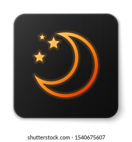 Orange glowing neon Moon and stars icon isolated on white background. Black square button. Vector Illustration