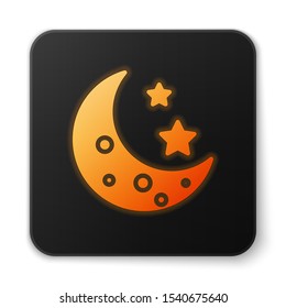 Orange glowing neon Moon and stars icon isolated on white background. Black square button. Vector Illustration