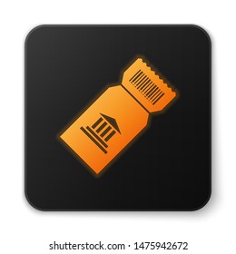 Orange glowing neon Museum ticket icon isolated on white background. History museum ticket coupon event admit exhibition excursion. Black square button. Vector Illustration