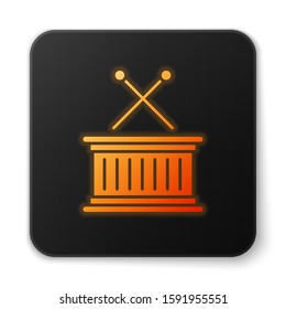Orange glowing neon Musical instrument drum and drum sticks icon isolated on white background. Black square button. Vector Illustration