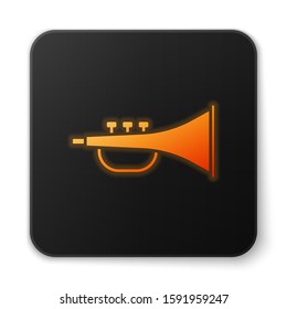 Orange glowing neon Musical instrument trumpet icon isolated on white background. Black square button. Vector Illustration