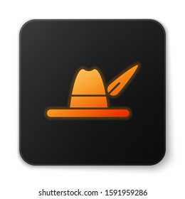 Orange glowing neon Oktoberfest hat icon isolated on white background. Hunter hat with feather. German hat. Black square button. Vector Illustration