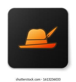 Orange glowing neon Oktoberfest hat icon isolated on white background. Hunter hat with feather. German hat. Black square button. Vector Illustration