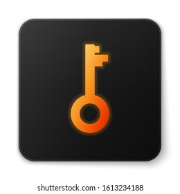 Orange glowing neon Old key icon isolated on white background. Black square button. Vector Illustration