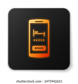 Orange glowing neon Online hotel booking icon isolated on white background. Online booking design concept for mobile phone. Black square button. Vector Illustration