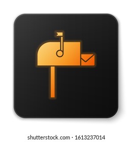 Orange glowing neon Open mail box icon isolated on white background. Mailbox icon. Mail postbox on pole with flag. Black square button. Vector Illustration